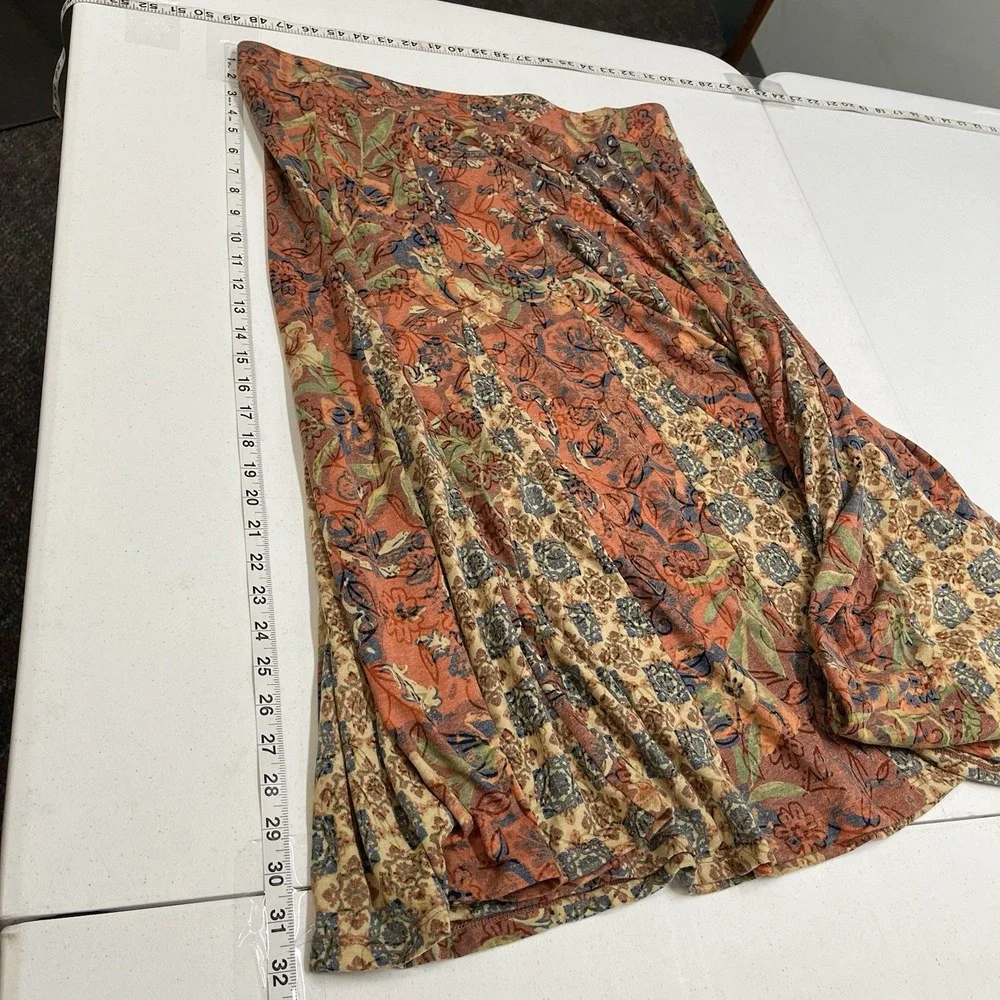 Coldwater Creek Skirt Fall Floral Patchwork Midi L Pull On Elastic Waist Earthy